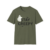 Stay Creepy Unisex T-Shirt with Ghost, Spider Web, and Bats
