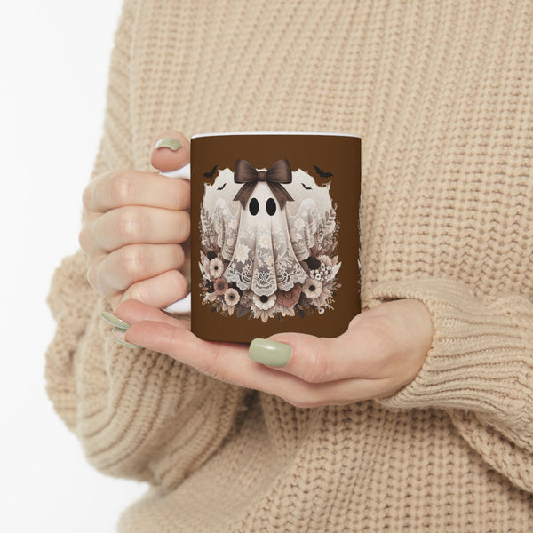 Floral Ghost Ceramic Mug, Cute Halloween Mug, Cozy Gift, Autumn Aesthetic, Fall Decor, Coffee Cup