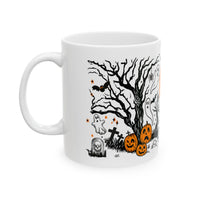Halloween Ceramic Mug - Spooky Ghosts, Haunted House Design, Perfect for Autumn, Fall Decor, Gift for Witches and Cat Lovers